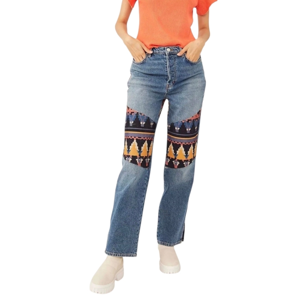 We The Free Rocky Mountain Patchwork Straight Leg Jeans Western Boho Sz 28 NWOT